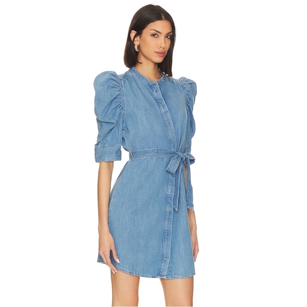 FRAME Gillian Denim Mini Light Blue Dress With Puff Sleeves SZ M